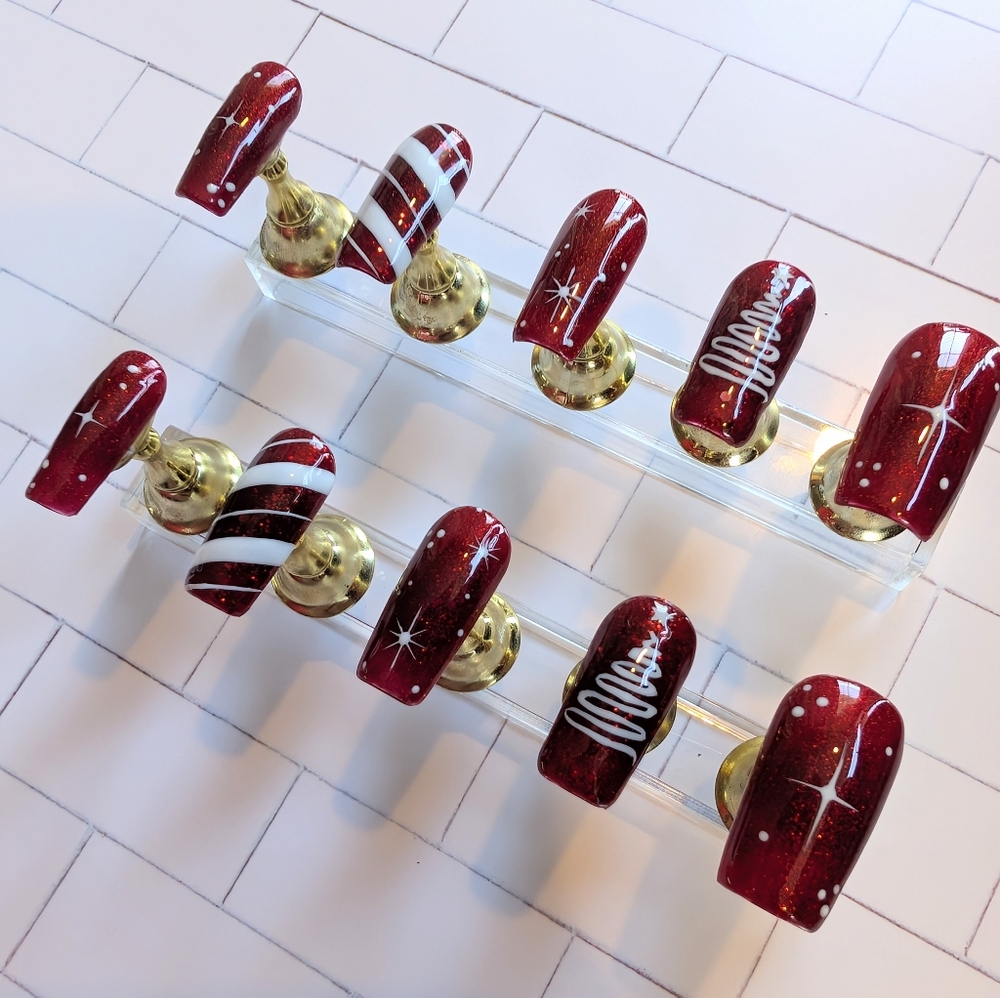 Handcrafted Holiday / Christmas Red Candy Cane Press On Nails
